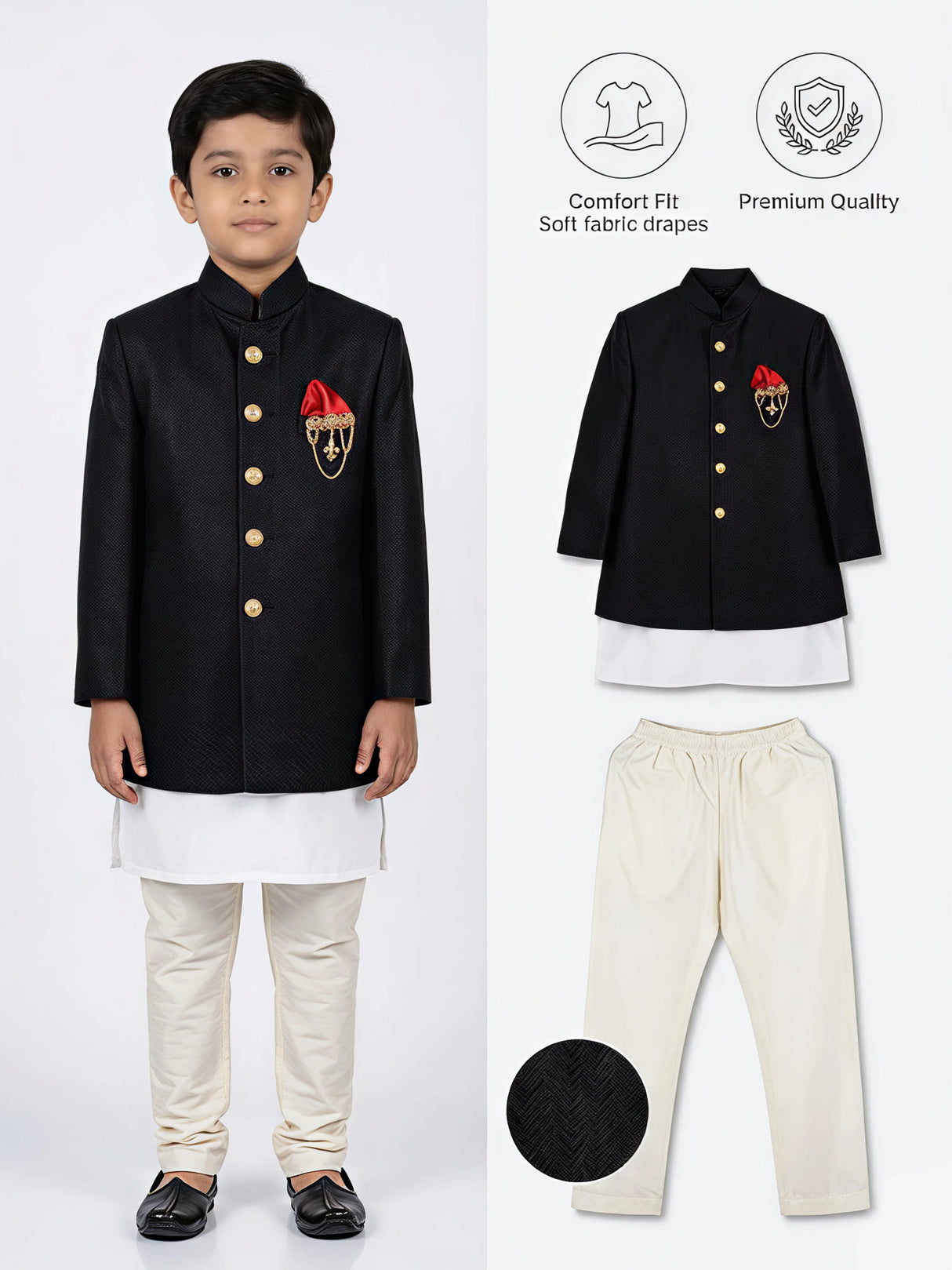 Boys Black Jodhpuri Sherwani Set with Pocket Square ()