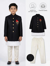 Boys Black Jodhpuri Sherwani Set with Pocket Square ()