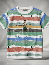 Boys White Multi-Color Striped Graphic T-Shirt