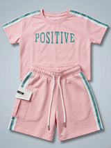 Girls Pink Positive Graphic Crop Top and Shorts Co-ord Set