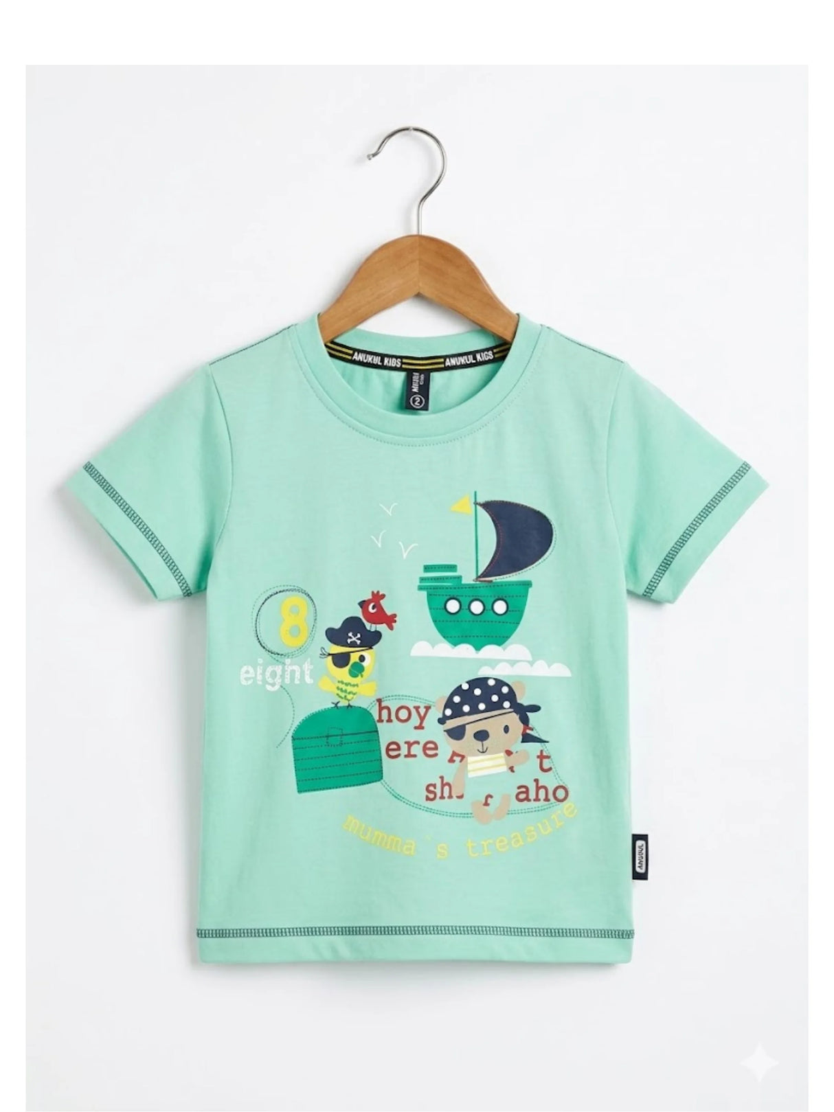 Boys Sea Green Pirate Ship Graphic T-Shirt and Striped Shorts Set