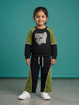 Black printed cotton girls coordinate set for casual wear