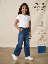 Girls Blue Embroidered Wide-Leg Casual Pants.