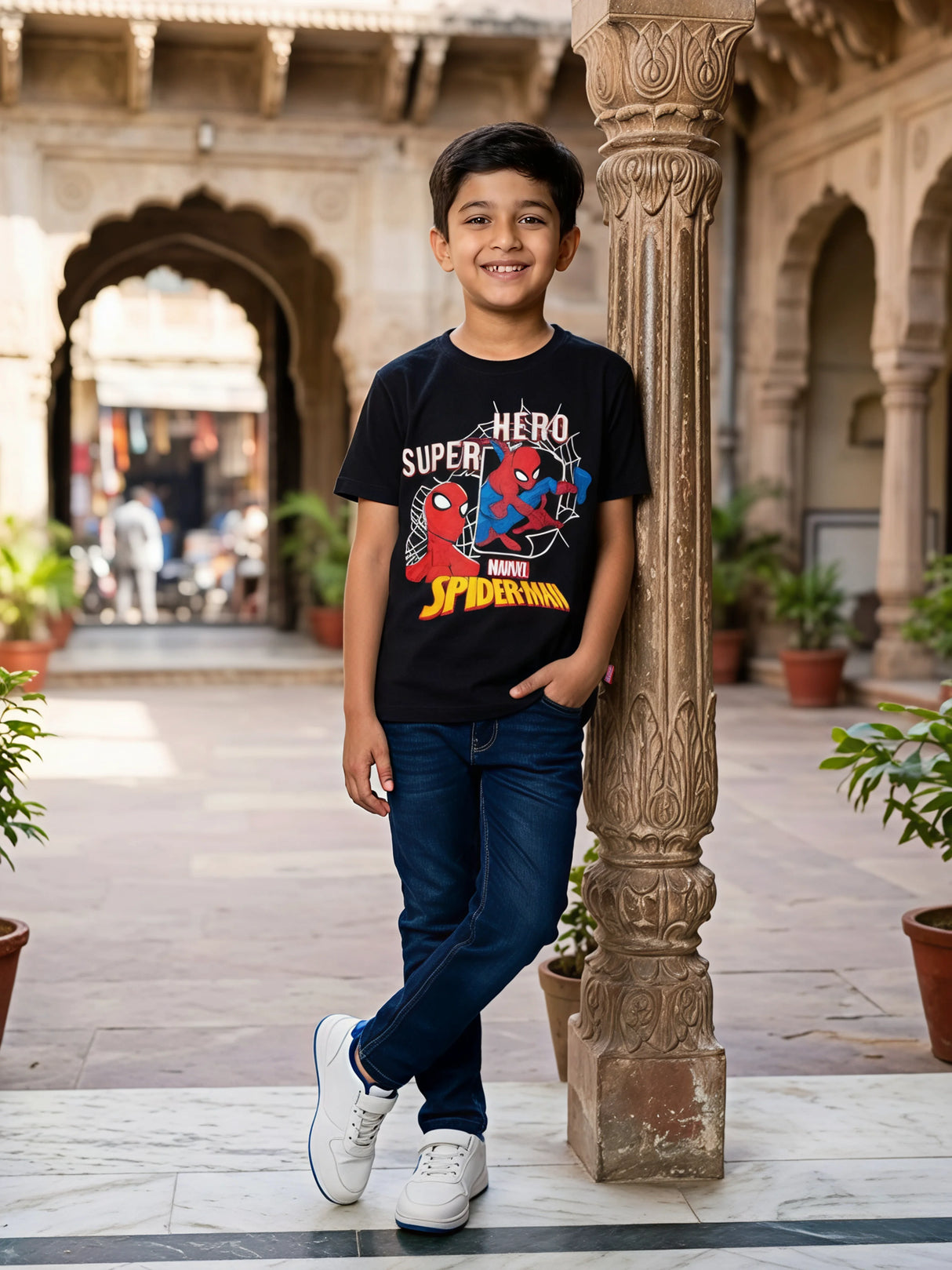 Boys Black Spider-Man Graphic Cotton T-Shirt
