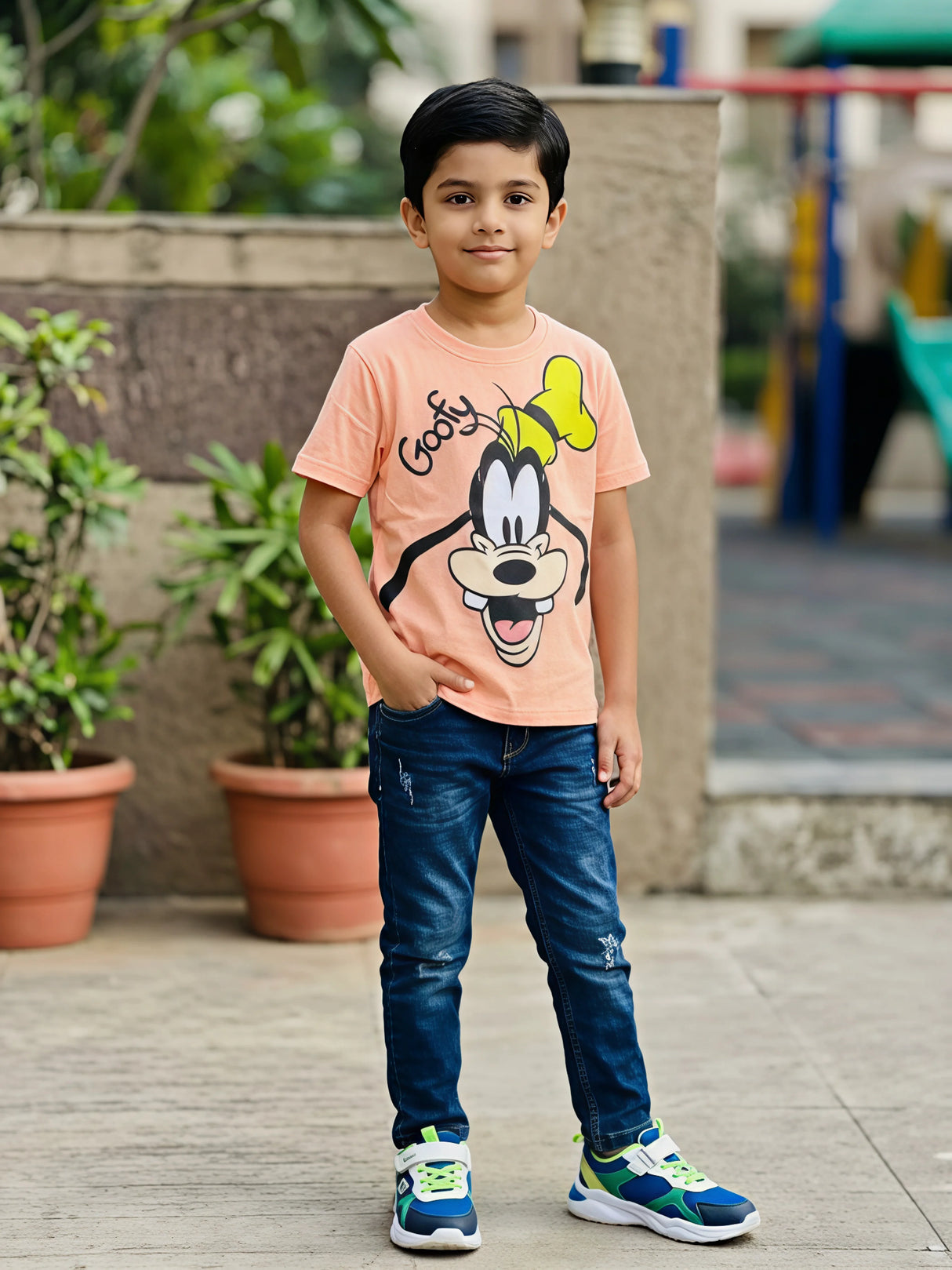 Boys Peach Goofy Graphic Print T-Shirt