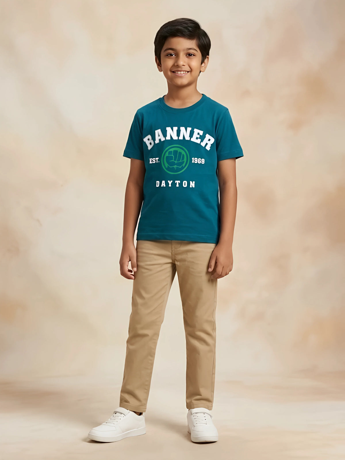Boys teal green round neck short sleeve graphic t-shirt with Banner typography print