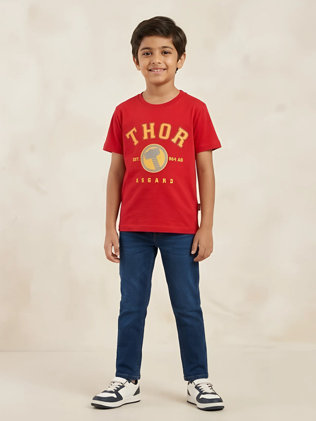 Boys red short sleeve t-shirt with Thor hammer graphic print on the front