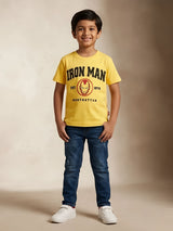 Boys wearing a bright yellow short-sleeve graphic t-shirt with an Iron Man chest print and classic crew neck.