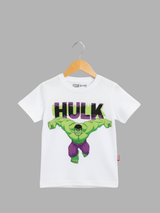 White boys' short-sleeve T-shirt with a large, colorful graphic of the Marvel superhero Hulk, with the word "HULK" written in black and green/purple tones above him