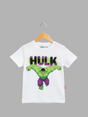 White boys' short-sleeve T-shirt with a large, colorful graphic of the Marvel superhero Hulk, with the word "HULK" written in black and green/purple tones above him