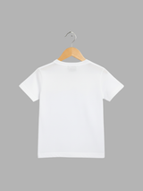 White boys' short-sleeve T-shirt with a large, colorful graphic of the Marvel superhero Hulk, with the word "HULK" written in black and green/purple tones above him