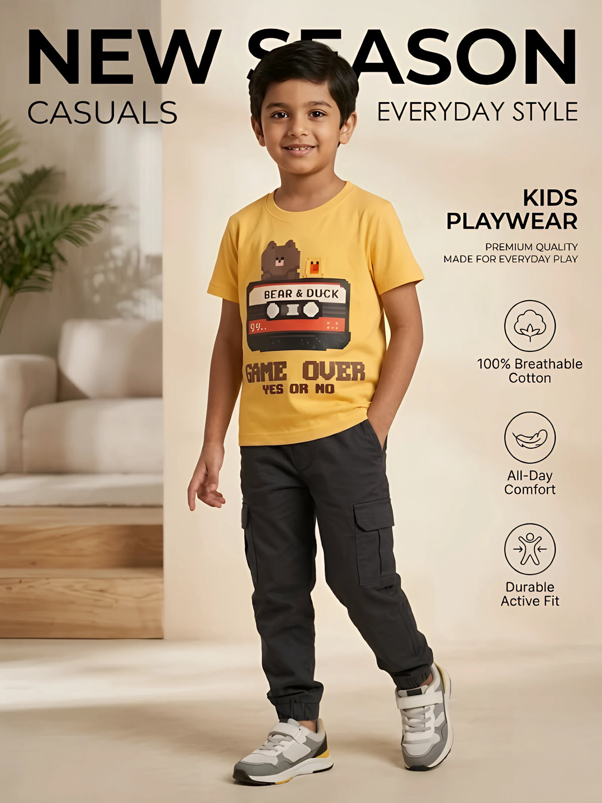 Yellow Graphic Print Cotton T-Shirt Kids Casual Wear