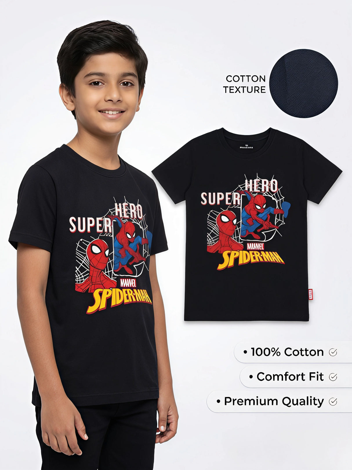Boys Black Spider-Man Graphic Cotton T-Shirt