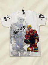 Boys White Anime Graphic Print Crew Neck T-Shirt.