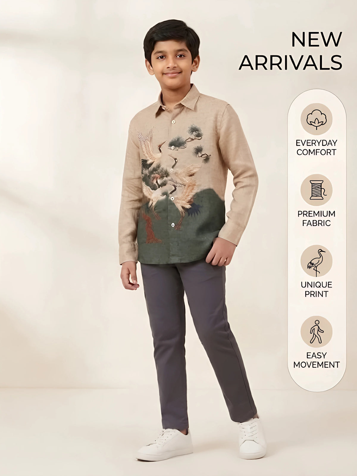 Boys Cream Printed Casual Shirt