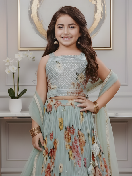 Girls' Sea Green Floral Printed Georgette Choli Lehenga Set
