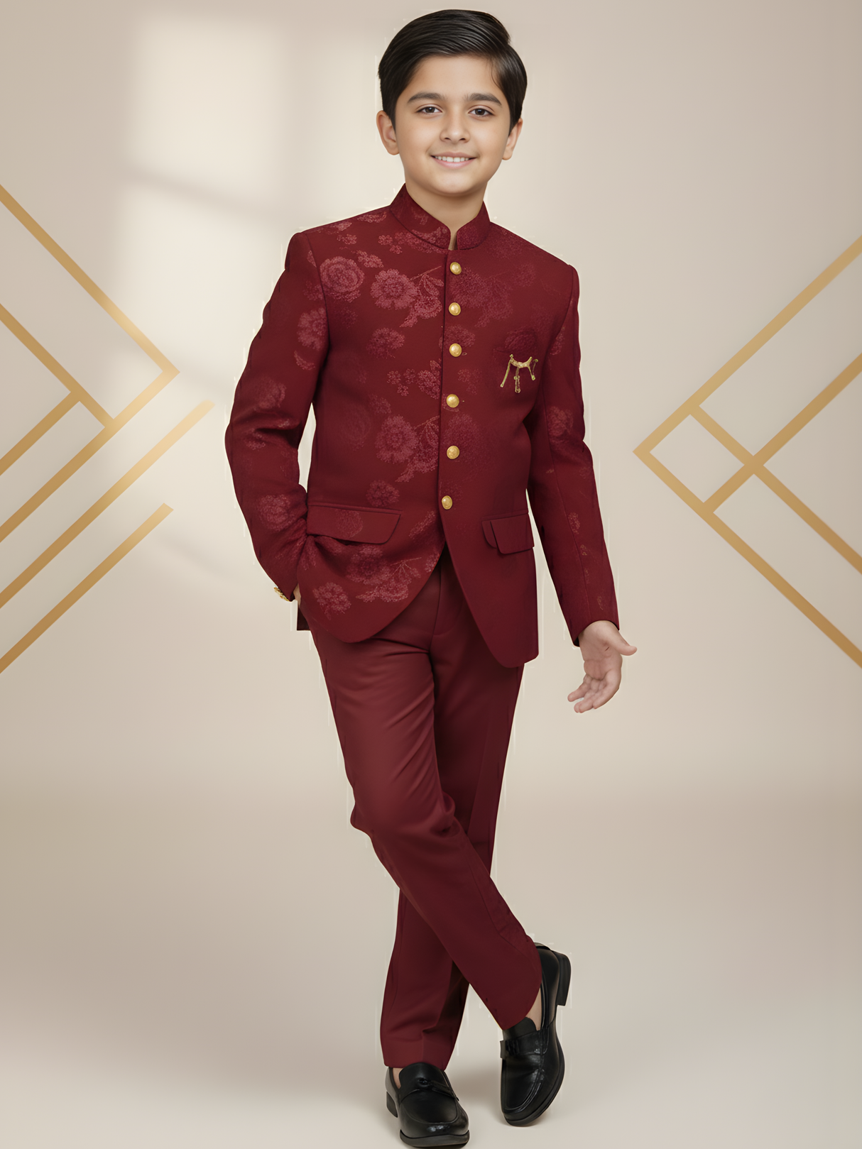Boys' Luxurious Maroon Wine Floral Brocade Bandhgala Jodhpuri Suit with Gold Accents
