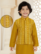 Boys' Mustard Yellow Kurta Set with Gold Patterned Waistcoat