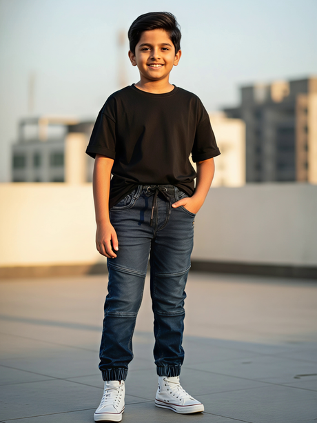 Boys' Navy Blue Panel Textured Jogger Jeans