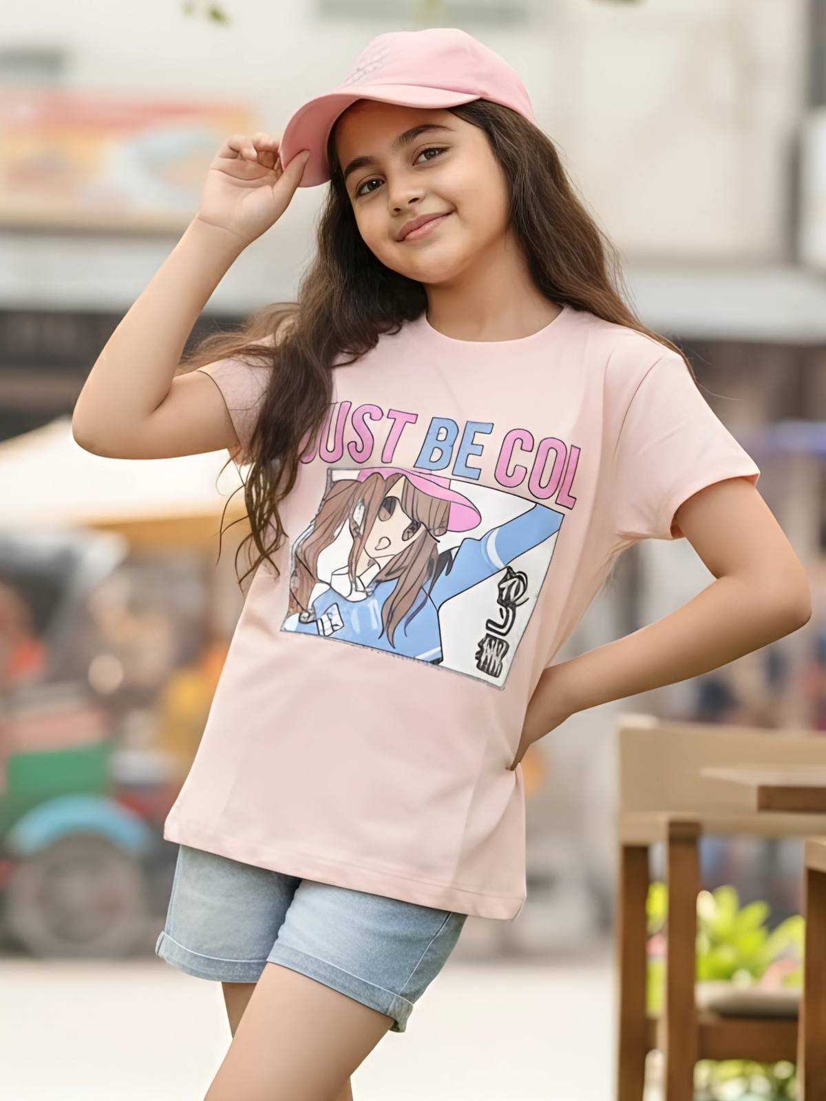 Girls' "Just Be Cool" Anime Graphic Tee - Peach