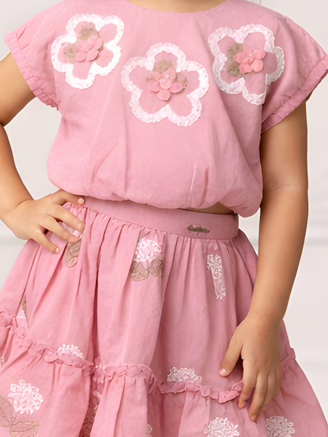 Girls Peach Floral Top & Tiered Skirt Set