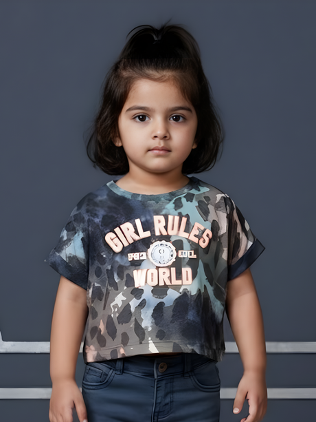 Girls Brown Cheetah Print "Girl Rules World" Crop Tee
