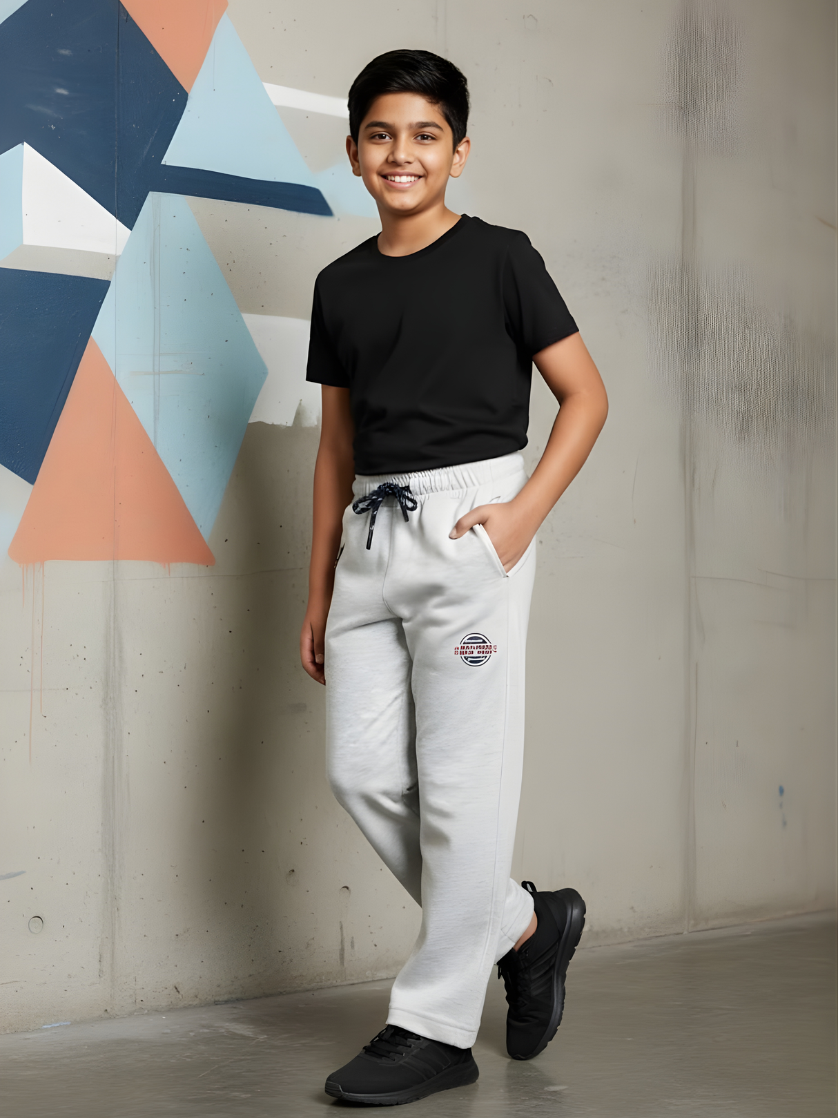 Boys' Comfort-Fit Light Grey Melange Joggers with Graphic Print