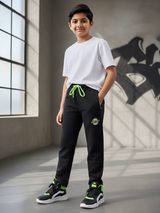 Boys' Black Track Pants with Neon Green Drawstring & Patch