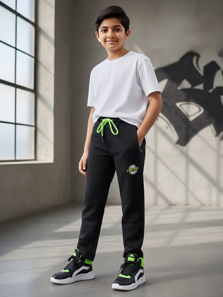 Boys' Black Track Pants with Neon Green Drawstring & Patch