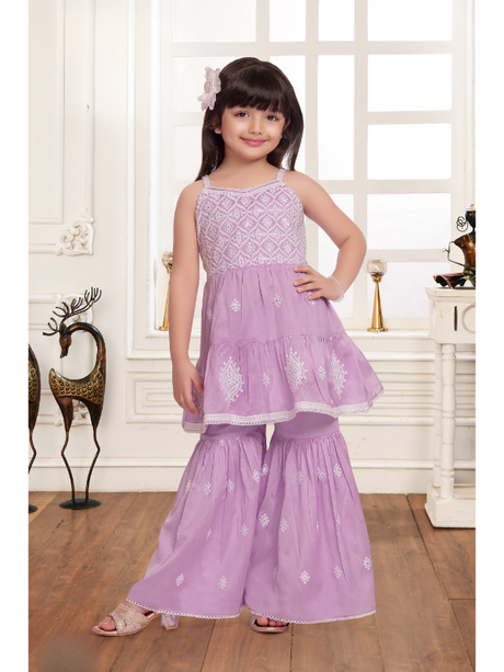 Girls' Traditional Lavender Pink Sleeveless Sharara Set with Intricate Embroidery