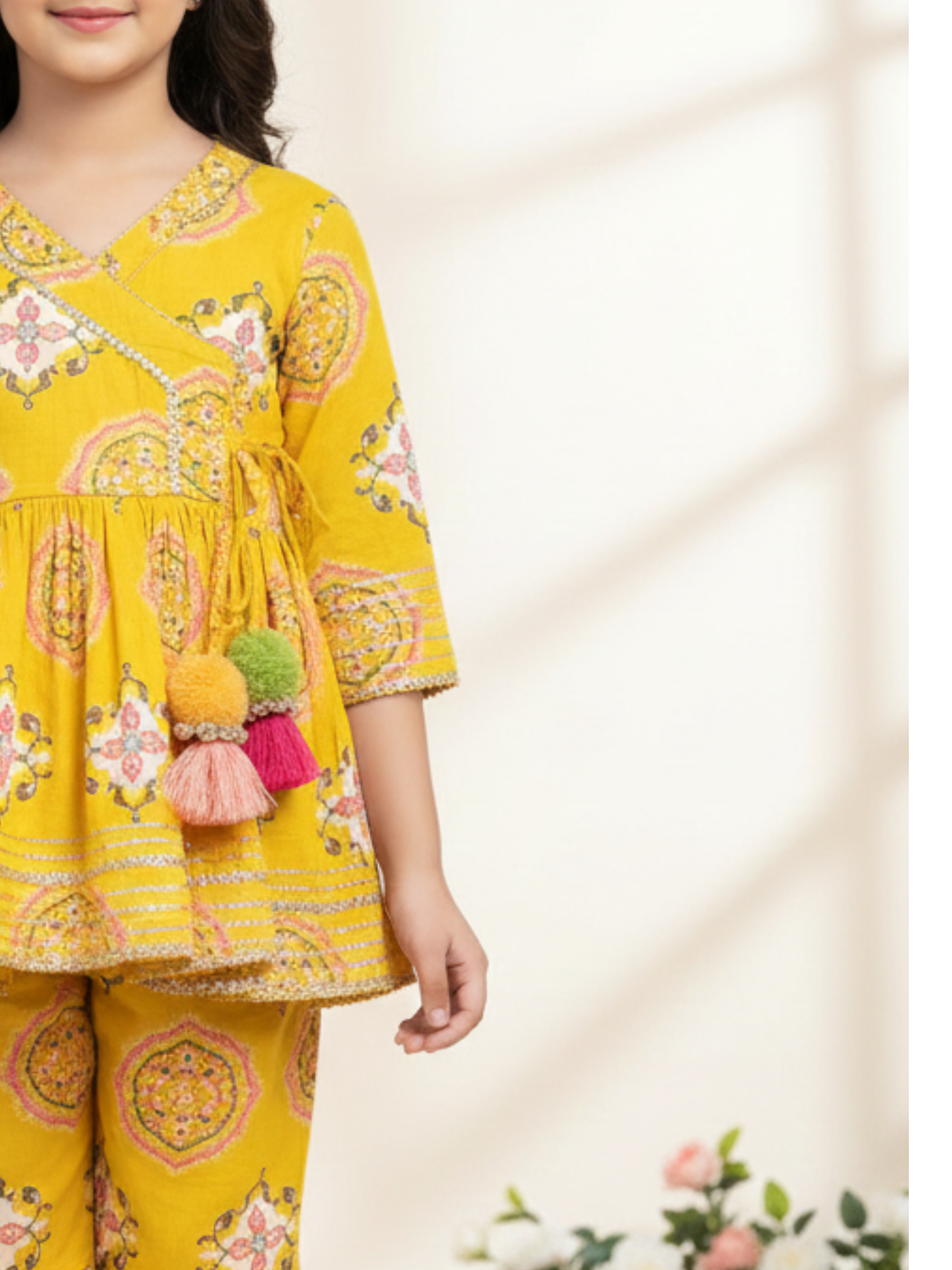 Girls' Yellow Geometric Print Angrakha Kurta & Sharara Set with Pompoms