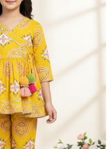 Girls' Yellow Geometric Print Angrakha Kurta & Sharara Set with Pompoms