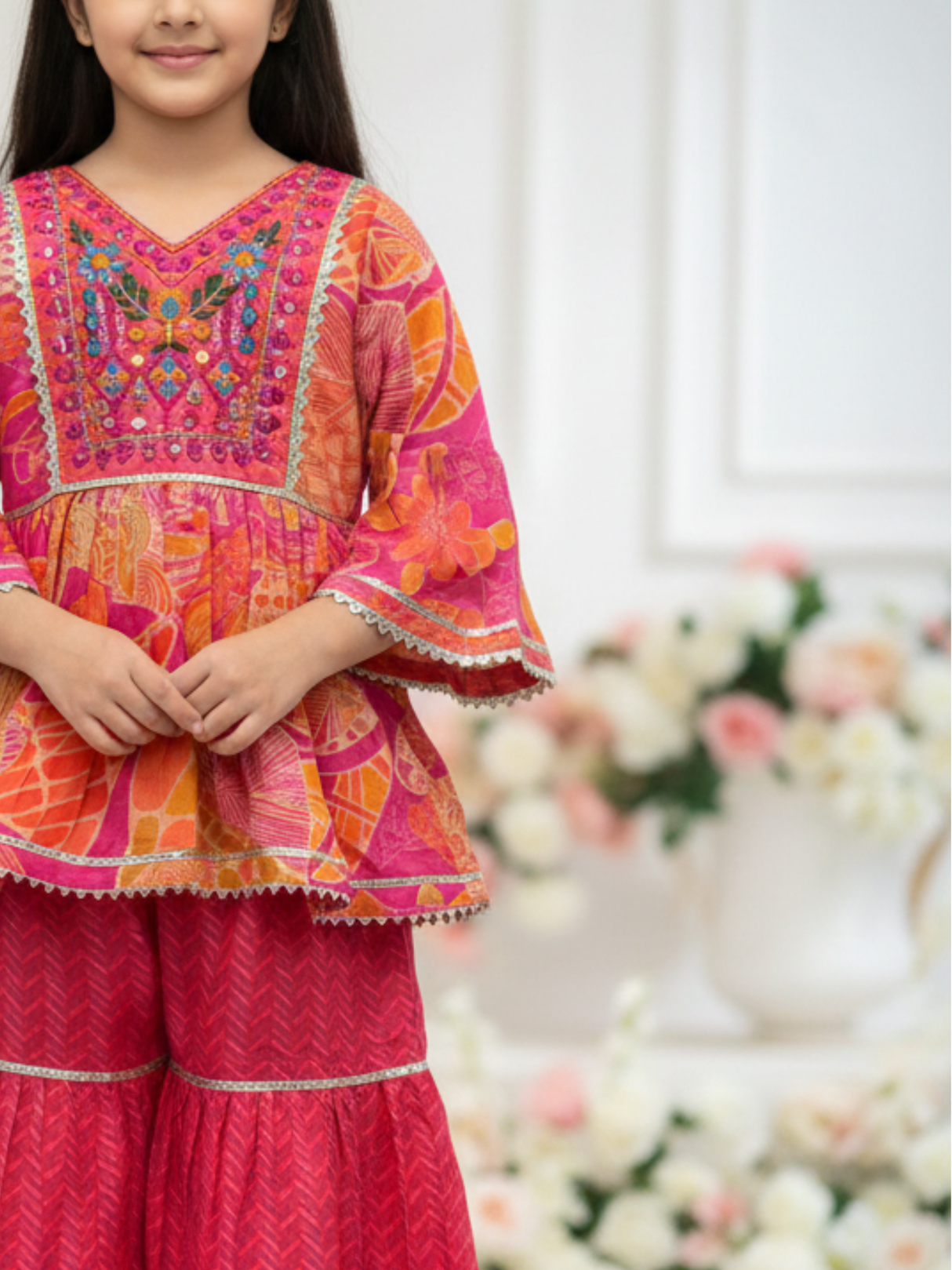 Girls Pink & Orange Ethnic Dress Set- Traditional Party Wear
