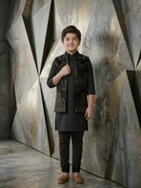 Boys Traditional Printed Chuddidar Kurta with Koti - Black
