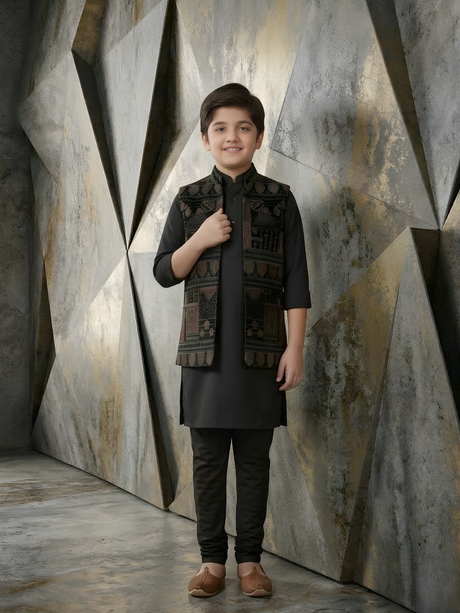 Boys Traditional Printed Chuddidar Kurta with Koti - Black