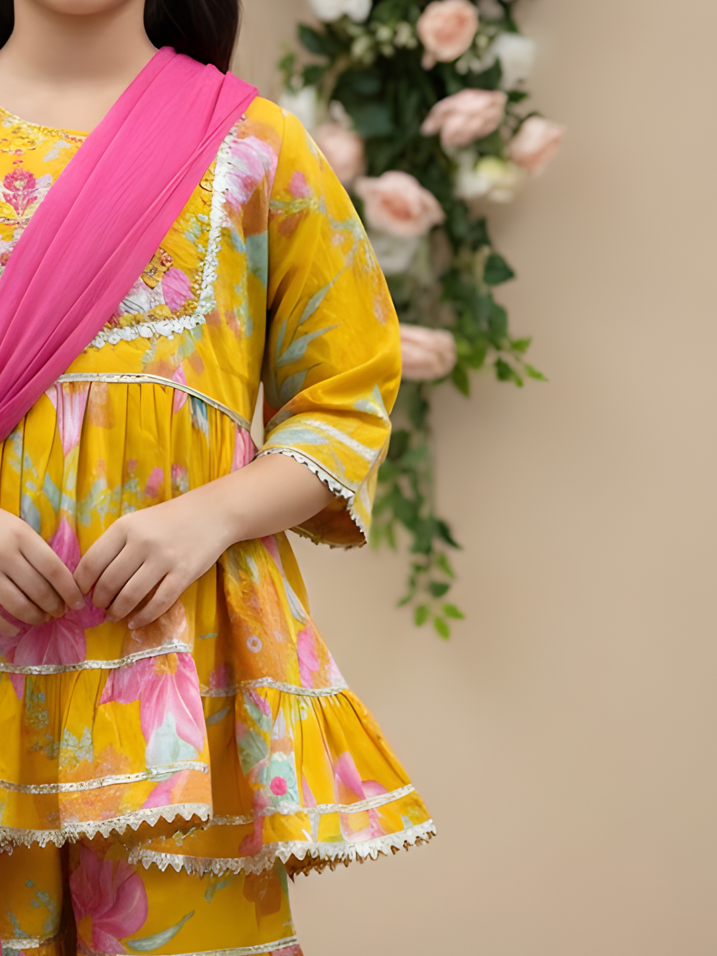 Girls Yellow Floral Printed Sharara Set with Embroidered Kurti & Dupatta