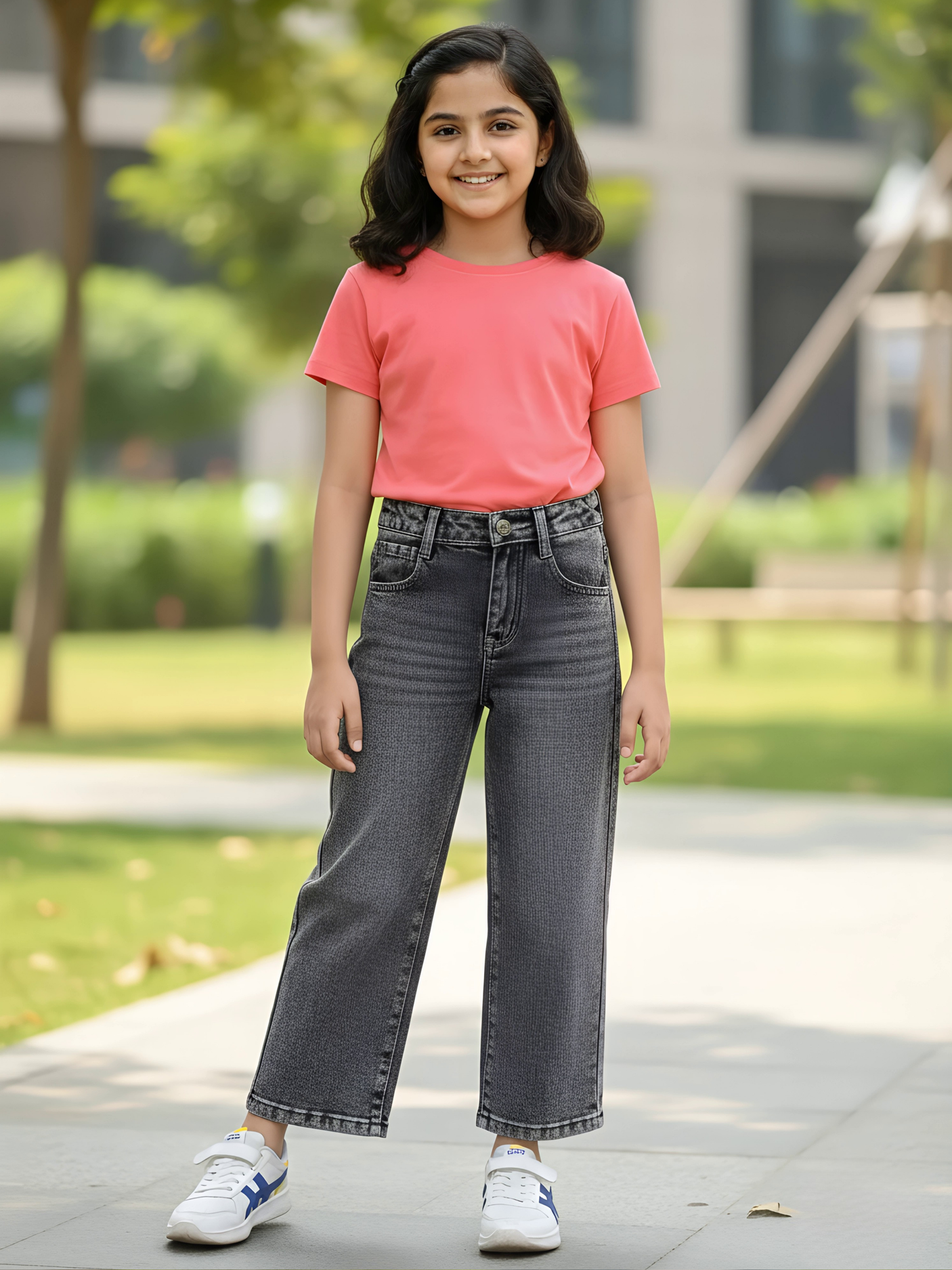 Girls' Grey High-Waisted Wide Leg Denim Jeans.