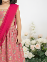 Girls' Festive Coral Pink Crop Top (Choli) and Embroidered Lehenga Skirt Set