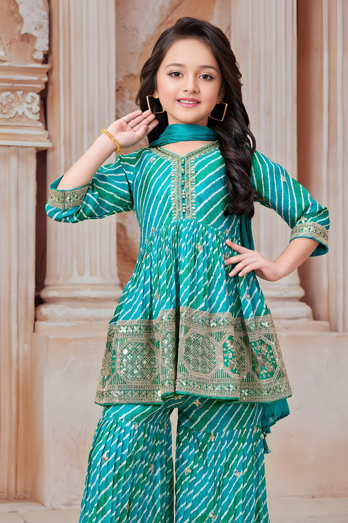 Girls' Teal Green Leheriya Print Embroidered Sharara Set