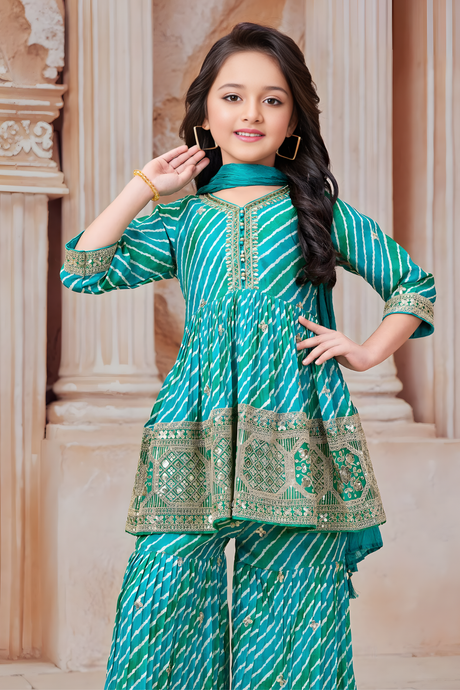 Girls' Teal Green Leheriya Print Embroidered Sharara Set
