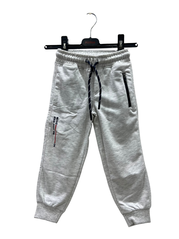 Boys Off-White Jogger Pants with Navy Drawstring and Zippered Pockets