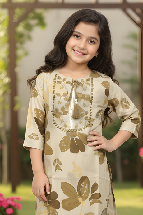 Girls' Casual Beige Tunic and Trousers Set with Olive Floral Print