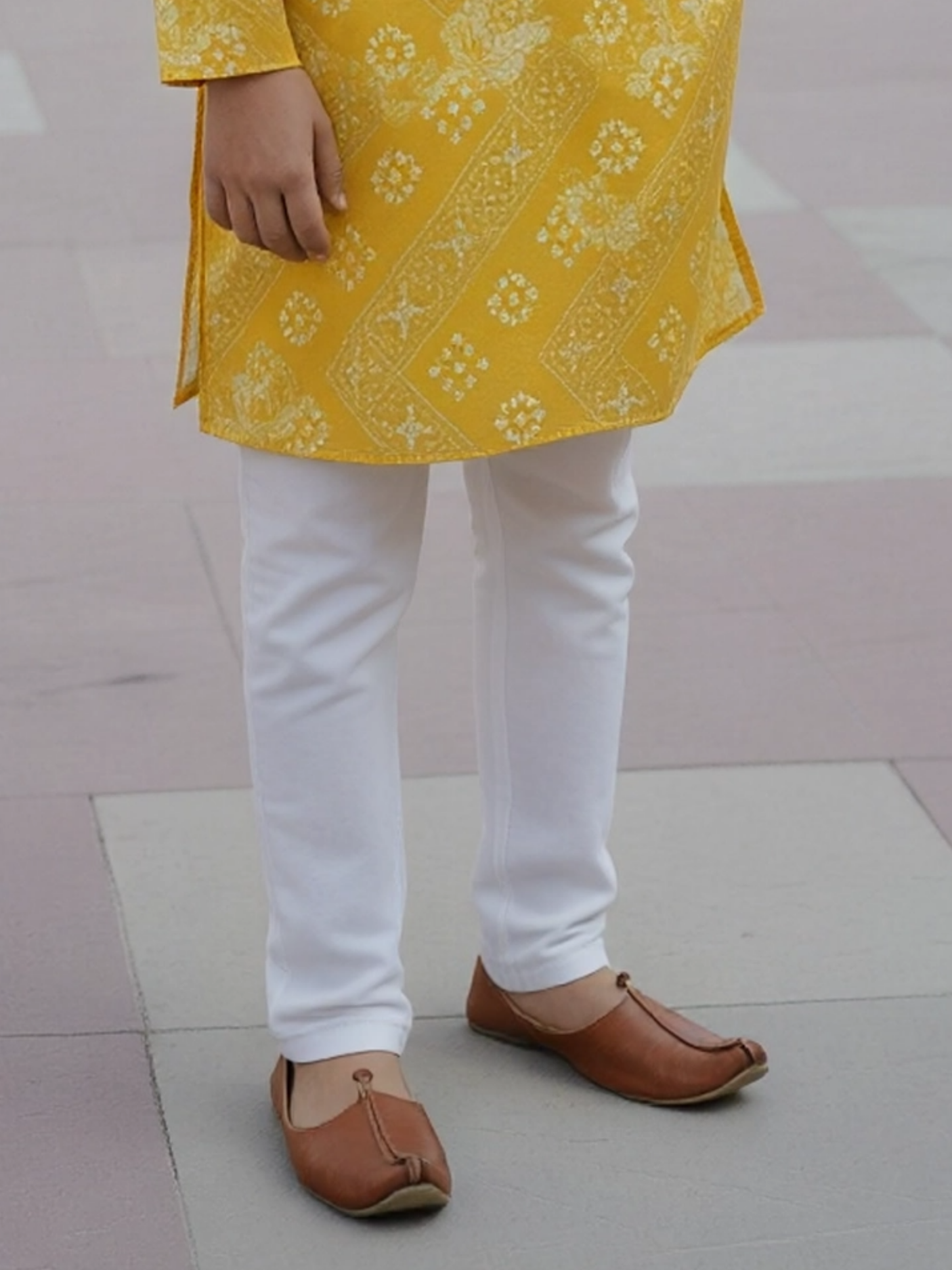 Boys' Vibrant Yellow Bandhani Print Kurta with White Pajama