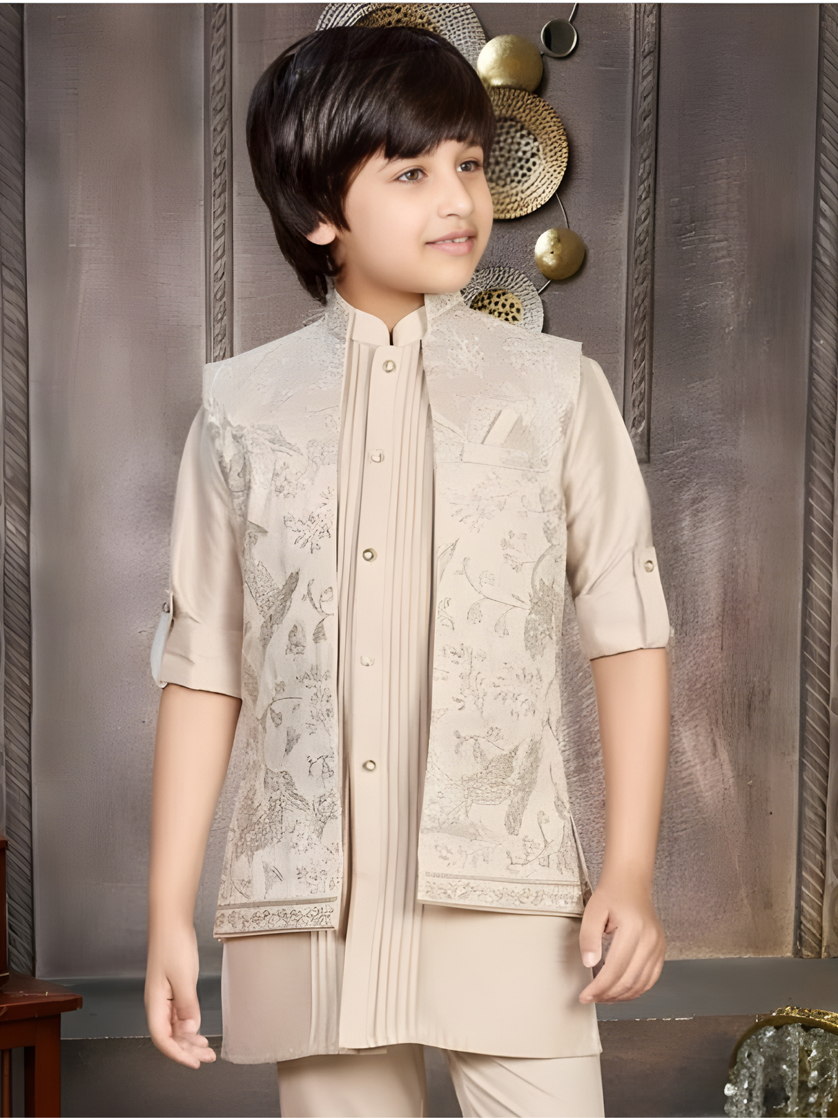 Boys' Classic Cream Kurta Pyjama Set with Embroidered Placket