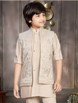 Boys' Classic Cream Kurta Pyjama Set with Embroidered Placket