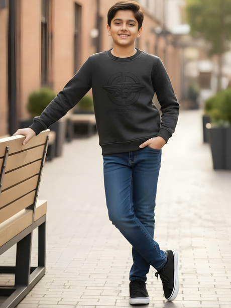 Boys' Premium Charcoal Black Textured Full Sleeve Sweatshirt