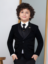 Boys' Black Textured Coat Suit with Waistcoat and Bow Tie