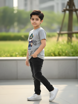 Boys' "Boss Bear" Streetwear Graphic T-Shirt - Steel Grey