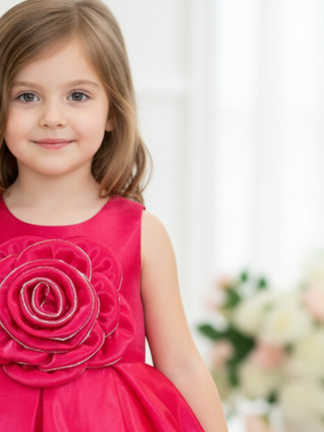 Vibrant Rani Pink Rosette Frock with Sparkle Detail.