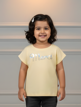 Girls Pastel Yellow "Merci" Graphic Ribbed Tee